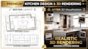 design kitchen layout, cabinets, and realistic 3d kitchen rendering