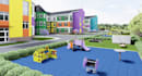 3d modern educational facility,preshool building,kindergarten,outdoor playground
