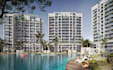 luxury 3d condo apartment, tropical landscape,resort poolside, waterfront render
