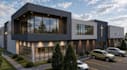 render 3d mixed use building,parking lot,contemporary design,cgi facade exterior