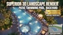 design 3d landscape, patio, swimming pool, and backyard render