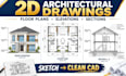 draft 2d architectural floor plans, section and elevation in autocad