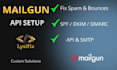 setup mailgun API, fix email deliverability, and integrate dns spf dkim