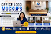 create realistic office logo mockups and branded virtual backgrounds