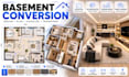 design basement conversion to living space with floor plan and 3d visualization