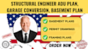 structural engineer adu plan, garage conversion, basement plan permit drawings