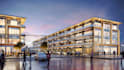 visualize unit retail store, 3d shopping market complex, strip storefront render