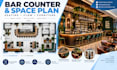 design cocktail bar layout with counter, seating and functional space planning