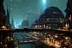 create cinematic sci fi city illustrations