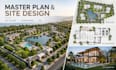 design master plan, site plan, 2d floor plan, landscape and 3d rendering