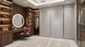 design walk in closet interior, wardrobe vanity custom cabinetry with 3d render