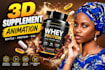 create 3d supplement animation 3d supplement protein bottle bottle design video
