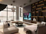 render luxury living room interior, open concept layout, 3d visualization