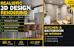 design realistic kitchen and bathroom 3d rendering with cabinetry