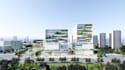 visualize 3d mixed use commercial complex, urban office building, high rise cgi