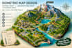 create an isometric hiking map, adventure map, tourism map