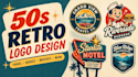 design 50s style retro travel logo, neon sign, vintage badge and retro mascot
