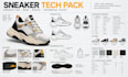 create a manufacturer ready sneaker tech pack with flats, bom and specs