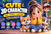 design cute 3d character models, animals, chibi and cartoon style