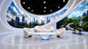 do 3d tv studio setup interior design for news broadcast, podcast, shows design