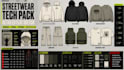 design streetwear hoodie tech pack and clothing flat sketch techpack