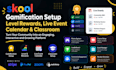 do skool gamification setup, level rewards, live event calendar and classroom