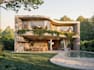reproduce 3dbiophilic villa,outdoor dining area,open plan layout,poolside render