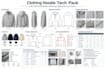 clothing hoodie tech pack with technical sketch, mockup, materials and trims