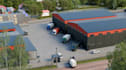 architectural render, 3d warehouse, facility,paved yard, landscape visualization