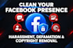 remove facebook copyright harassing infringing posts videos ads profiles by dmca