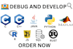 debug and develop code in c, cpp java, python, matlab, r, js, sql and rust