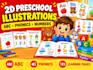create 2d preschool illustration, phonics, abc, numbers and learning pages