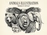 draw a hedcut wsj style  animals illustration