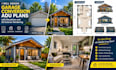 design garage conversion adu plans with elevations and 3d exterior rendering