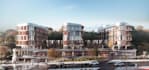 3d sustainable public space render, urban development, parametric facade design