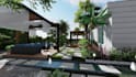 do backyard landscape design with pool, patio, garden and 3d rendering