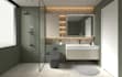 redesign bathroom interior,3d layout render,modern vanity,walk in shower,cgi spa