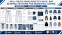 create denim jeans tech pack and sewing pattern for manufacturing