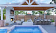 do 3d fire pit, 3d patio pool, pergola deck, pool, landscape, 3d backyard design