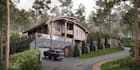 modify modern chalet facade,eclectic living room 3d visual,open plan zone render