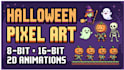 design halloween 8 bit 16 bit 2d pixel art character sprite sheet, animations