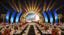 luxury 3d gala stage render, backdrop design,corperate event decor,banquet setup