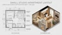plan 2d 3d small studio apartment layout, open plan layout, space optimization