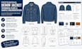 create a denim jacket tech pack with cad flats and factory specifications