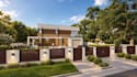 provide 3d house design,balustrade balcony render,paved driveway,accent lighting