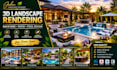 create 3d landscape rendering, backyard, garden, pergola, patio and pool design