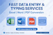 do fast data entry,typing jobs, pdf to work and excel word