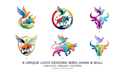 create a bird, hand, and bull logo design
