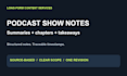 write podcast show notes with timestamped chapters and takeaways