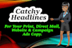 write 3 catchy headlines for print, web copy, direct mail